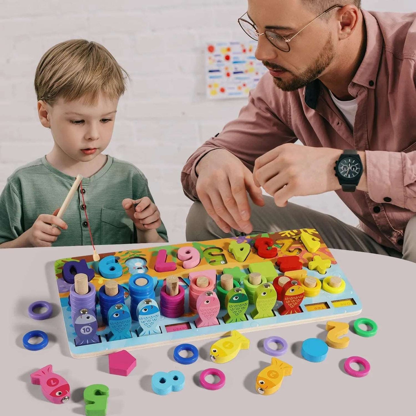 Kids Wooden Shape Puzzle Fishing Counting Game