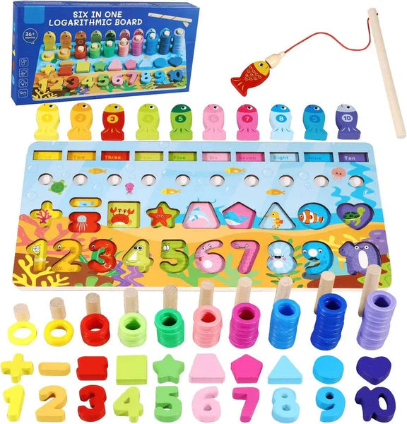Kids Wooden Shape Puzzle Fishing Counting Game