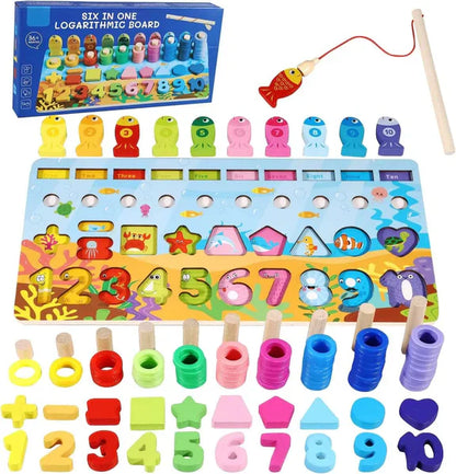 Kids Wooden Shape Puzzle Fishing Counting Game