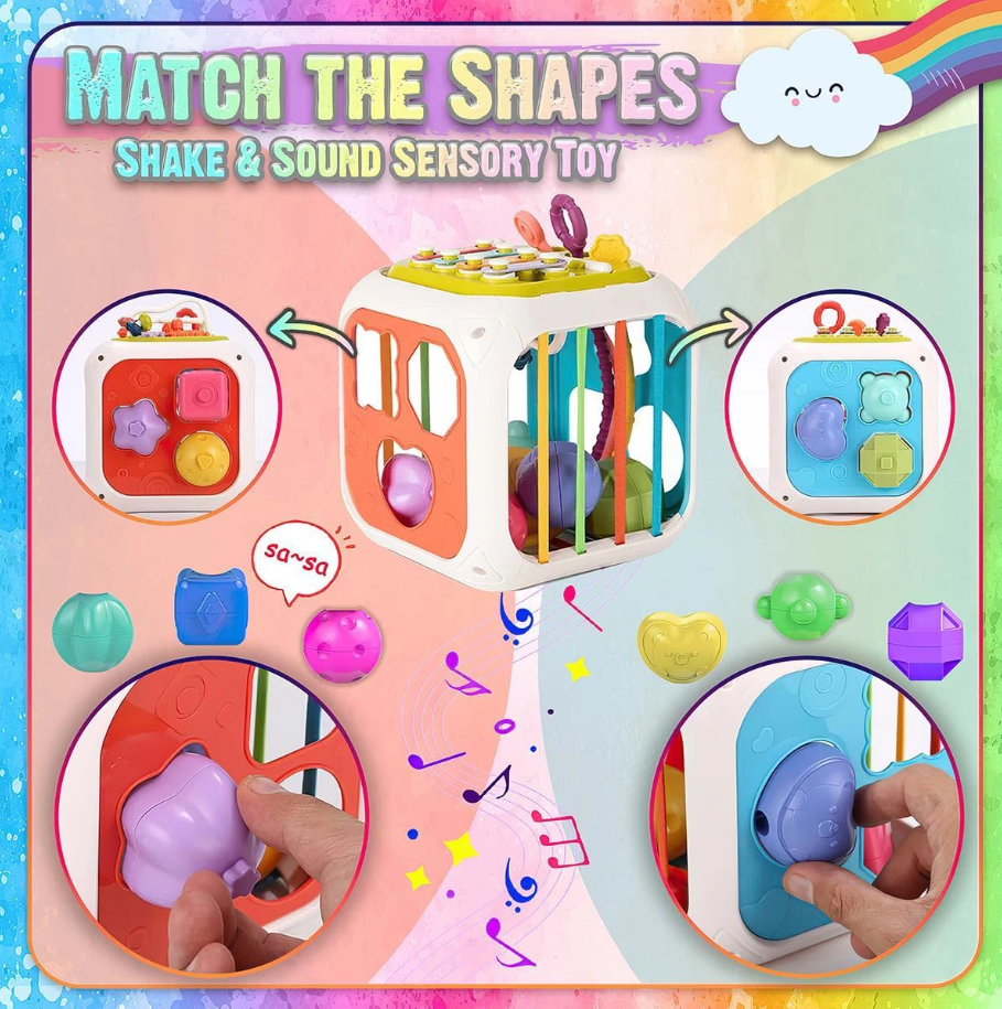 Colorful sensory toy packaging with shaking and sound features, designed for children.