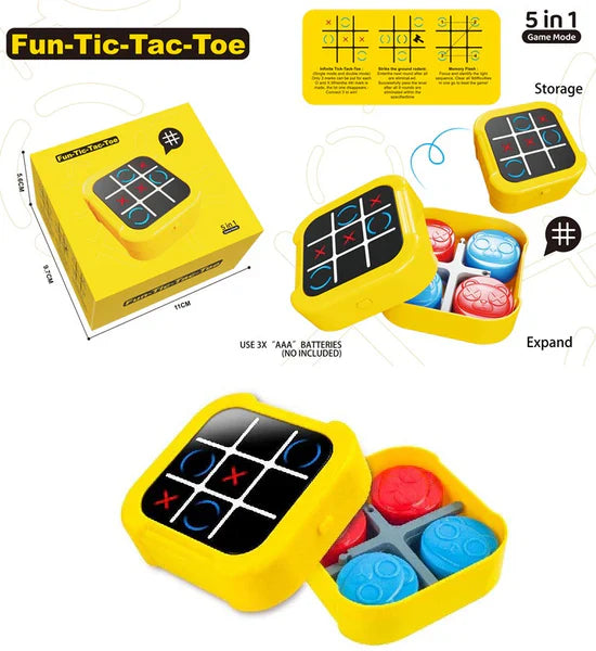 Yellow game set with Tic-Tac-Toe board and storage compartment on a white background