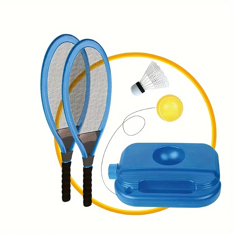 Badminton racket set with shuttlecock, yellow ball, and blue pump on a white background