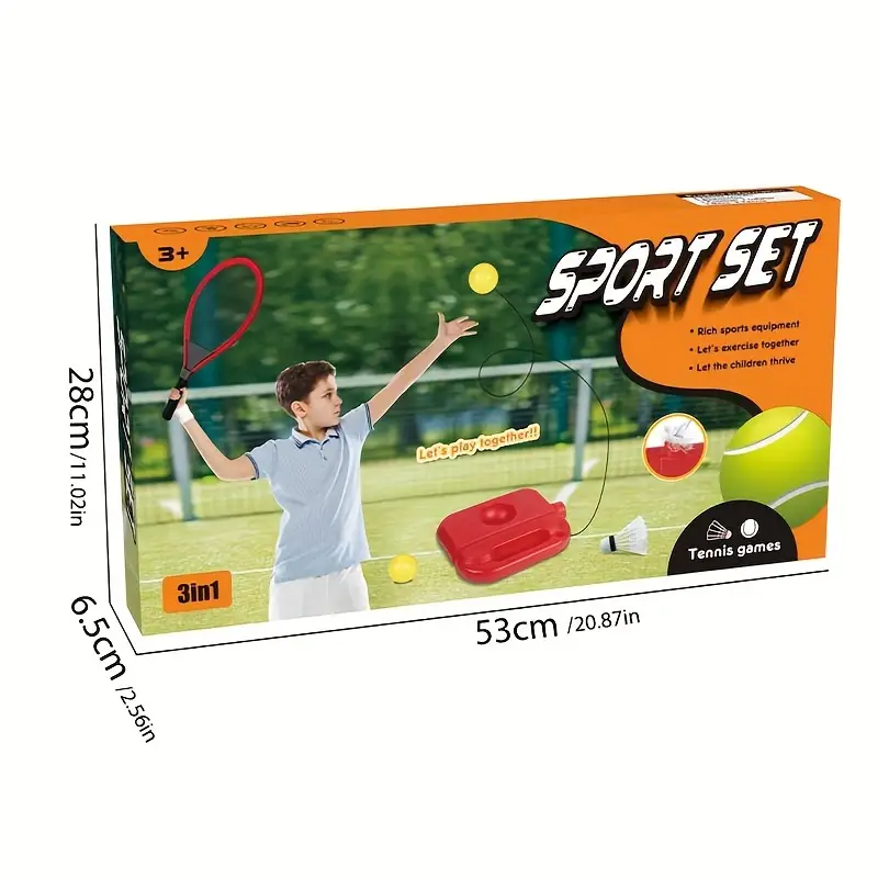 Box of a sports set with a child playing tennis on the packaging.
