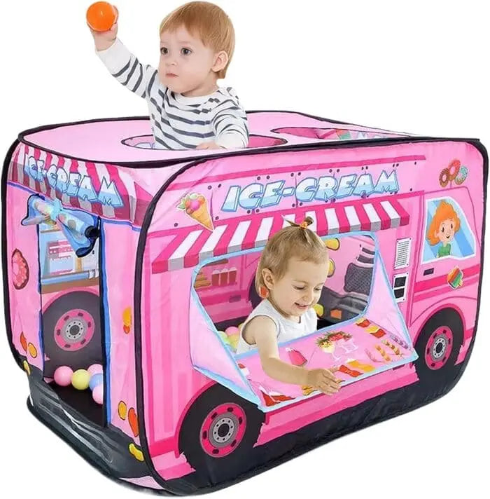 Pink ice cream truck play tent with children playing inside on a white background