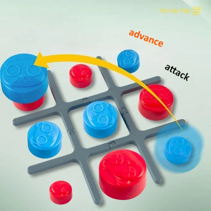 Tic-tac-toe board with blue and red markers on a light gray background