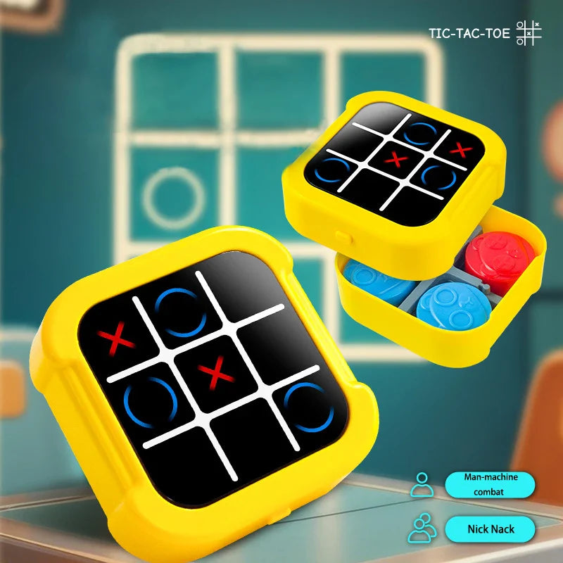 Two yellow tic-tac-toe games with red, blue, and black pieces on a teal background.