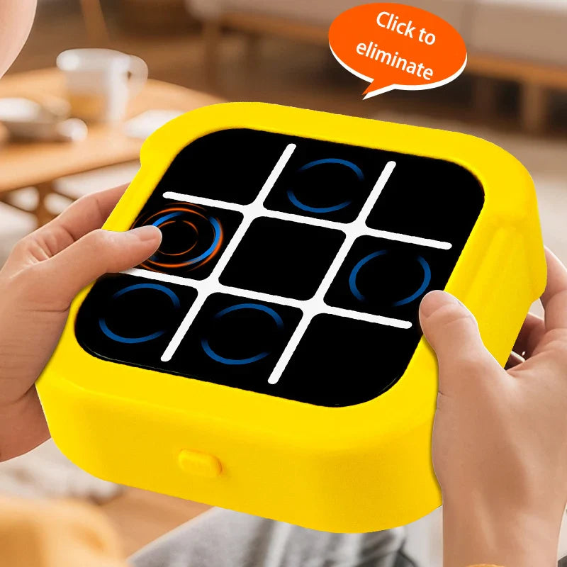 Yellow device with a grid on a blurred indoor background