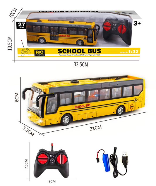 Toy school bus with remote control, dimensions, and accessories displayed.