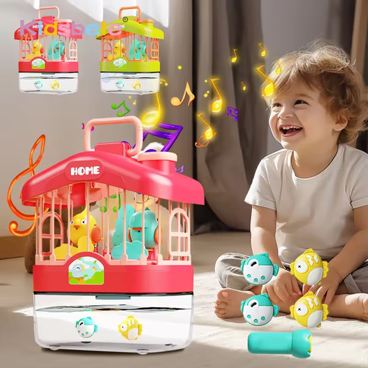 Child playing with a colorful toy carousel and bird figures, with musical notes and a 'Home' sign.