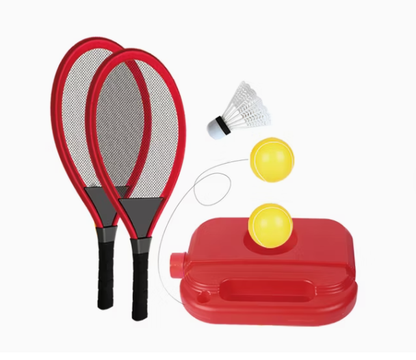 Two red badminton rackets with a shuttlecock and two yellow balls on a white background