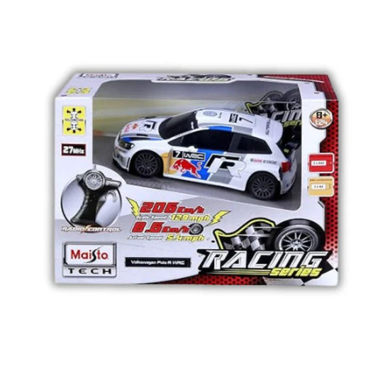A 1:24 scale model of the Volkswagen Polo R WRC in white, red, and blue with a remote control packaged in a box.