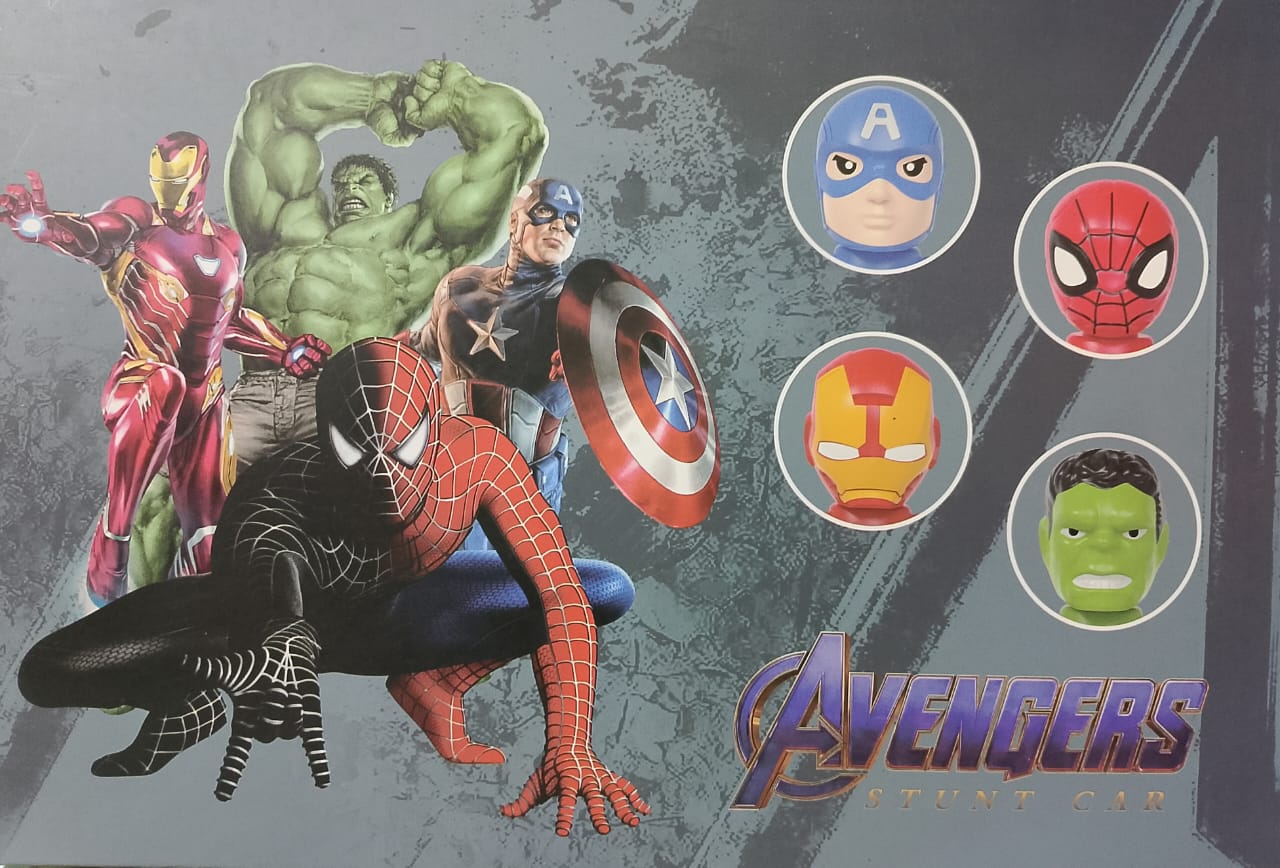Avengers characters and logos on a gray background