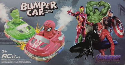 Avengers-themed bumper cars with superhero figures on a dark background