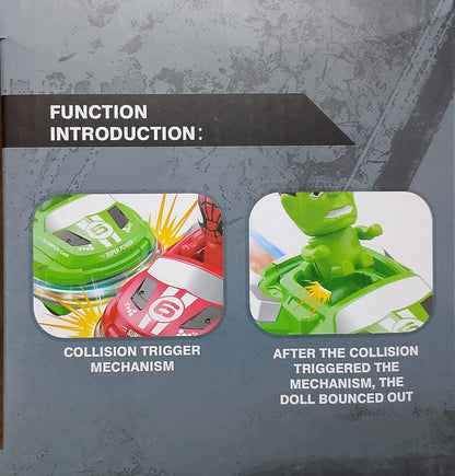 Function introduction card with toy collision trigger mechanism illustration on a gray background