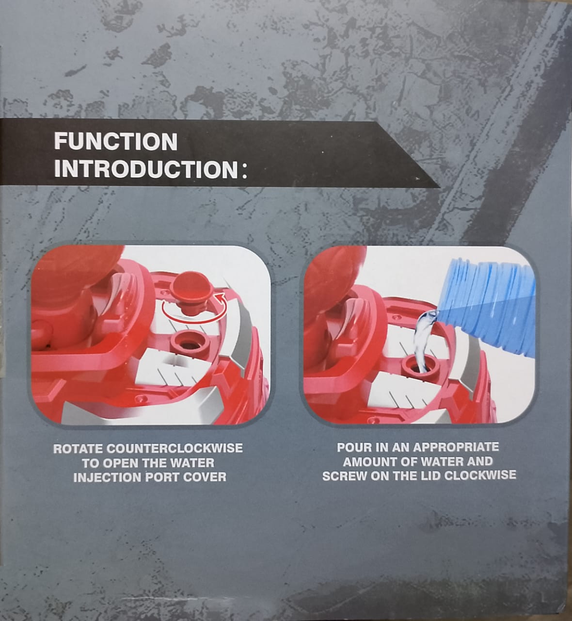 Instructions for opening a water injection port on a mechanical device with text and diagrams.