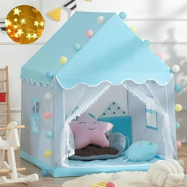 Children's play tent with star-shaped pillow and decorative lights in a room.