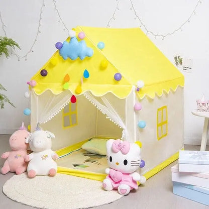 Children's play tent with colorful decorations and plush toys in a room.