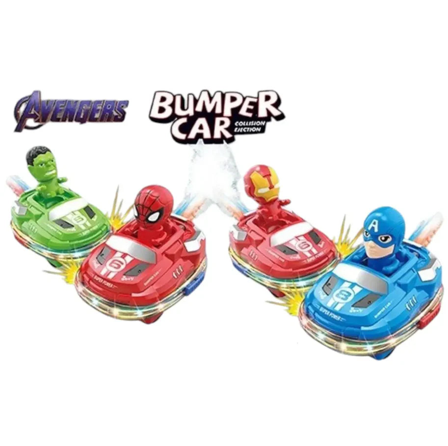 Four superhero-themed bumper cars with Avengers branding on a white background