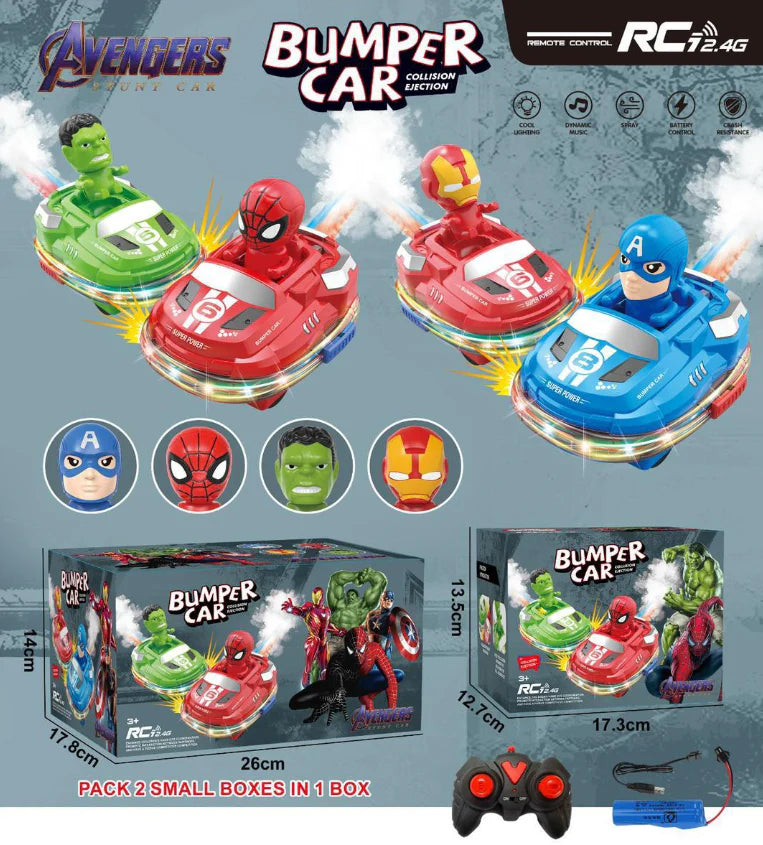 Avengers RC bumper cars with packaging and remote control on a gray background
