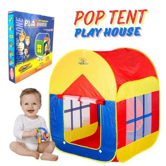 Colorful pop tent playhouse with a child and packaging on a white background