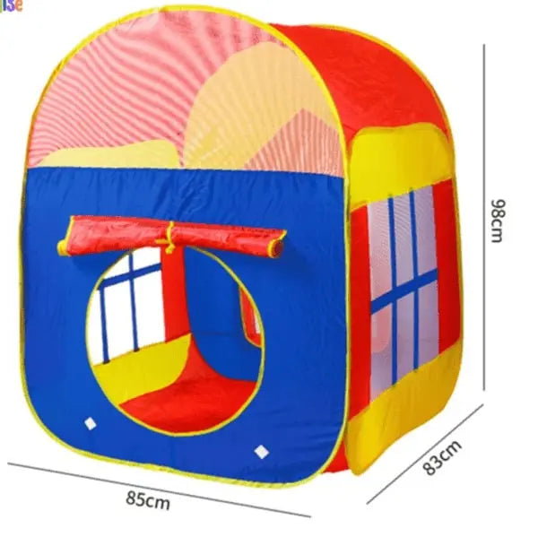 Colorful children's play tent with dimensions on a white background