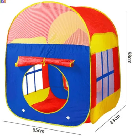 Colorful children's play tent with dimensions on a white background