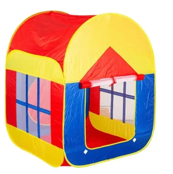 Colorful children's play tent with red, yellow, and blue sections on a white background