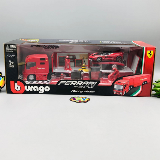 Ferrari toy set packaging with red truck and car on a white background