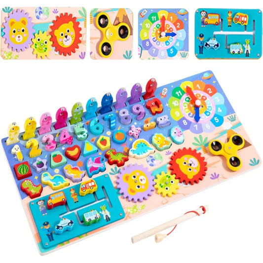 Colorful educational toy with various shapes, numbers, and animals on a wooden board.